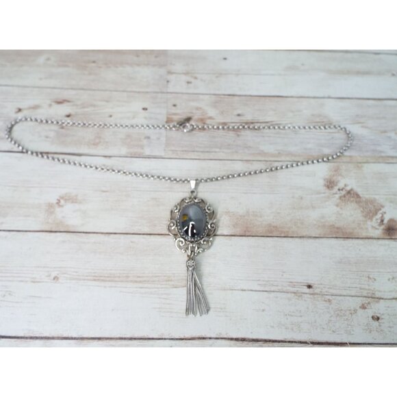 Vintage Whiting & Davis Silver Tone Black Cabochon Pendant Necklace - Picture 4 of 10